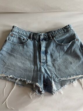 Zara Light Blue Distressed High-Rise Denim Shorts